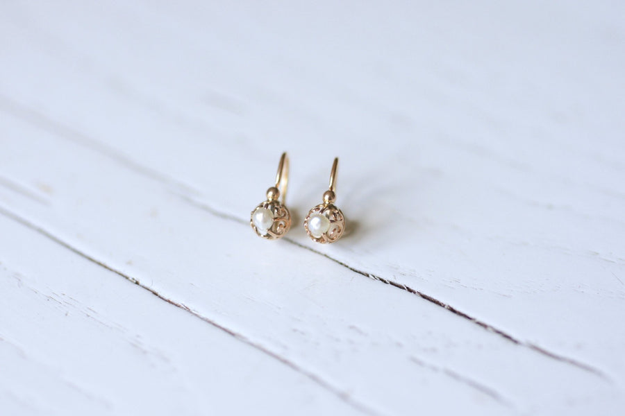 Antique pink gold and pearl earrings - Galerie Pénélope