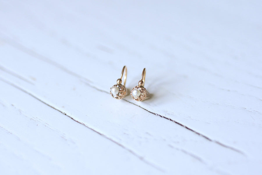 Antique pink gold and pearl earrings - Galerie Pénélope
