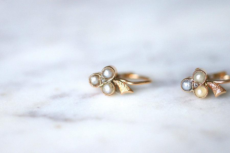 Antique cloverleaf earrings in pink gold and pearls - Galerie Pénélope