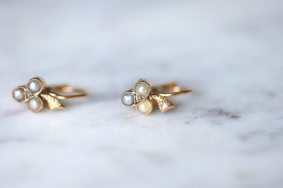 Antique cloverleaf earrings in pink gold and pearls - Galerie Pénélope