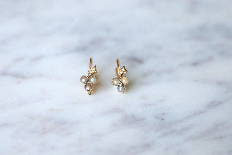 Antique cloverleaf earrings in pink gold and pearls - Galerie Pénélope