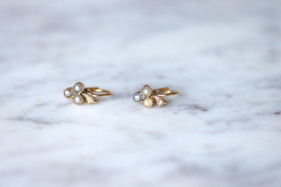 Antique cloverleaf earrings in pink gold and pearls - Galerie Pénélope