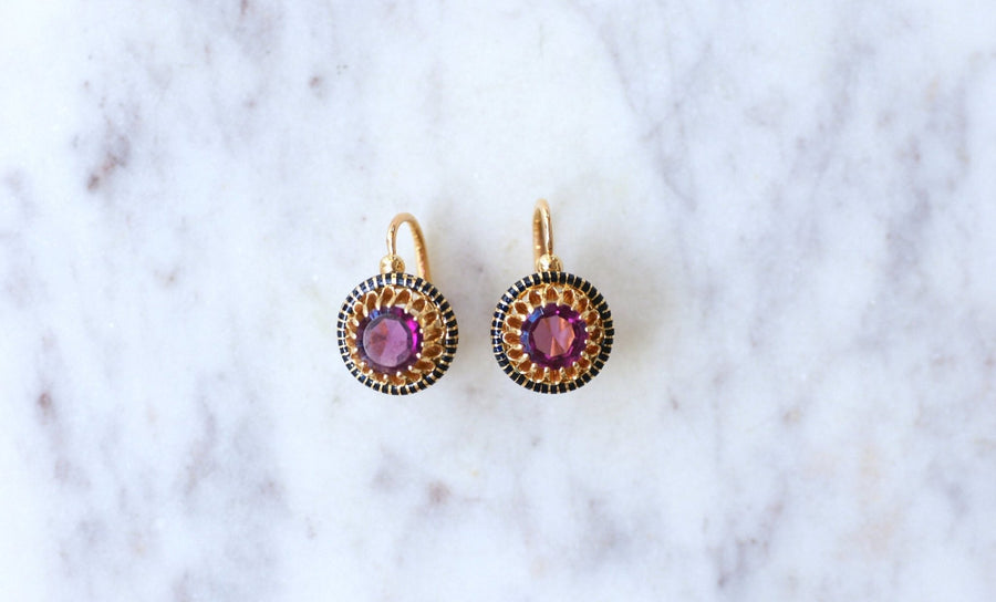 Yellow gold, enamel and garnet earrings - Galerie Pénélope