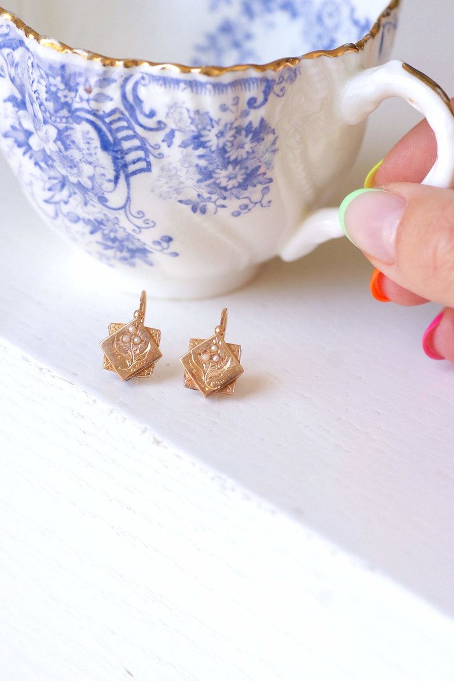 Antique pink gold and pearls square flower earrings - Galerie Pénélope