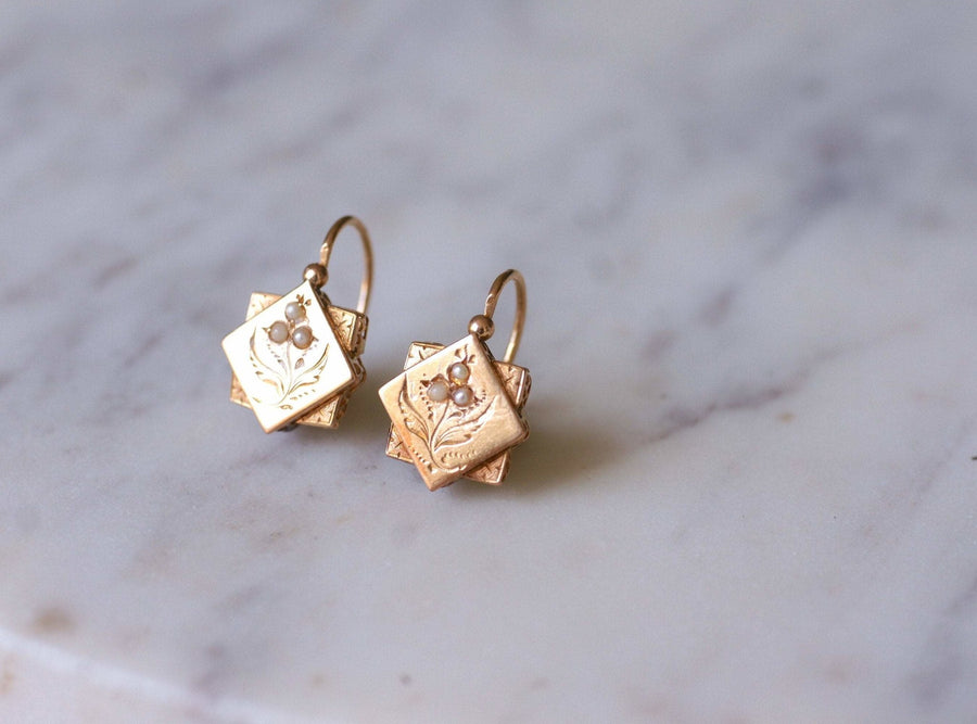 Antique pink gold and pearls square flower earrings - Galerie Pénélope