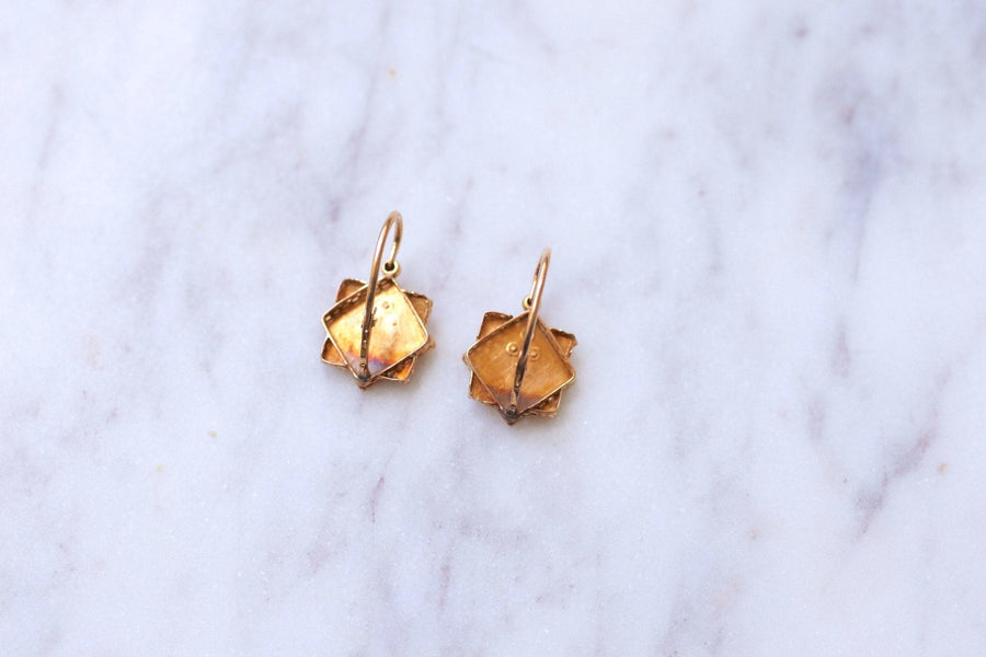 Antique pink gold and pearls square flower earrings - Galerie Pénélope
