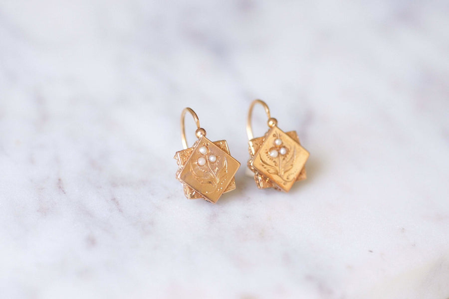 Antique pink gold and pearls square flower earrings - Galerie Pénélope