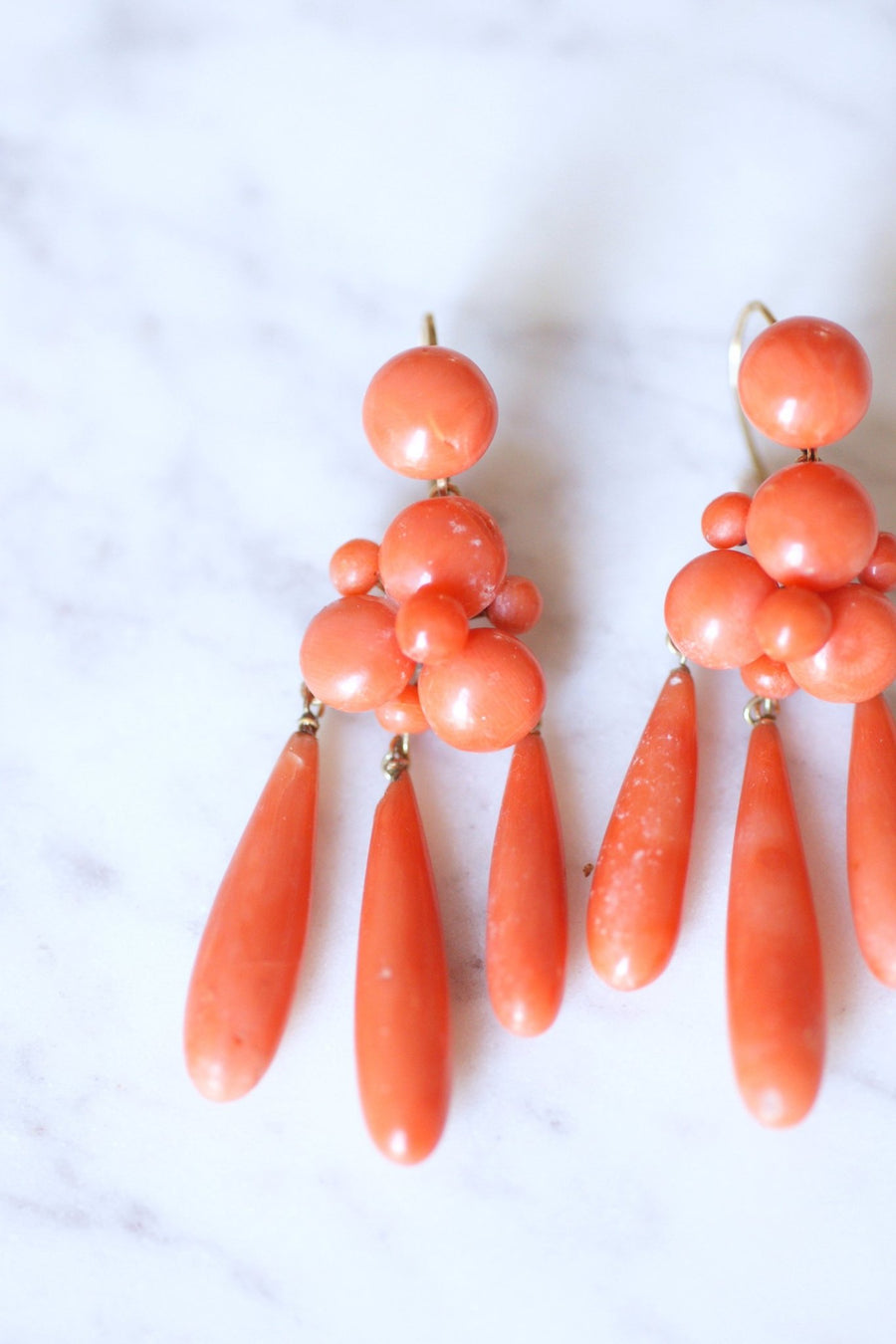 Antique gold and coral drop girandoles earrings - Galerie Pénélope