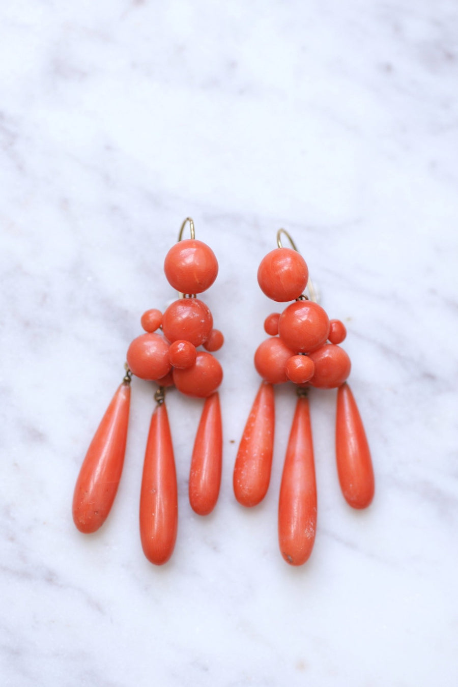 Antique gold and coral drop girandoles earrings - Galerie Pénélope
