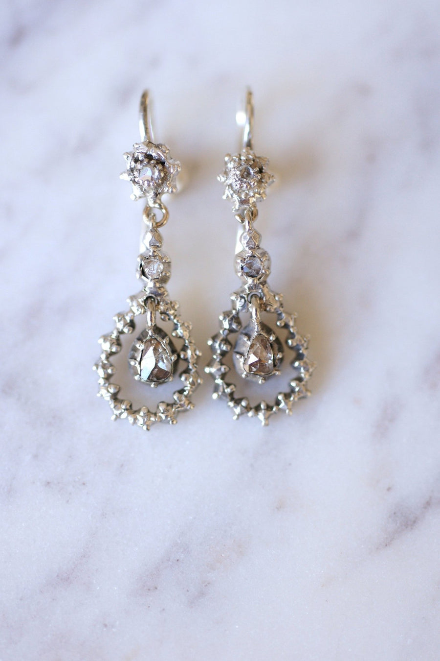 Antique drops earrings, silver and rose cut diamonds - Galerie Pénélope