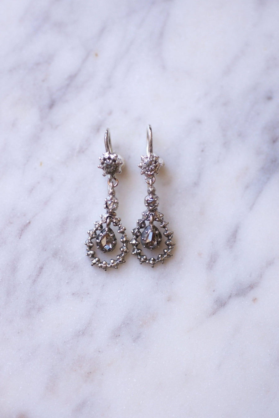 Antique drops earrings, silver and rose cut diamonds - Galerie Pénélope