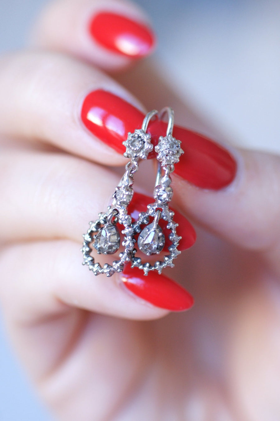 Antique drops earrings, silver and rose cut diamonds - Galerie Pénélope