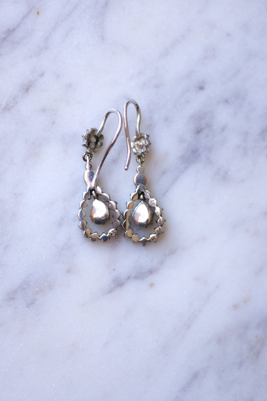 Antique drops earrings, silver and rose cut diamonds - Galerie Pénélope