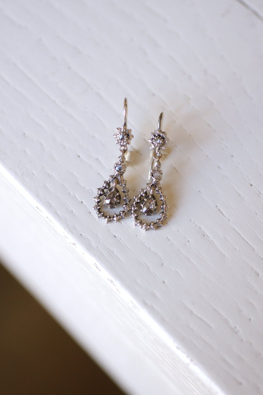 Antique drops earrings, silver and rose cut diamonds - Galerie Pénélope