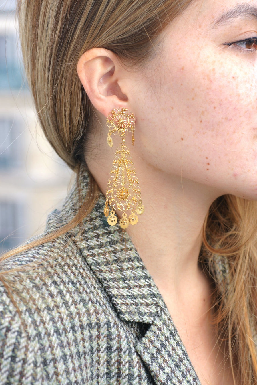 Filigree yellow gold drop earrings, vintage - Galerie Pénélope