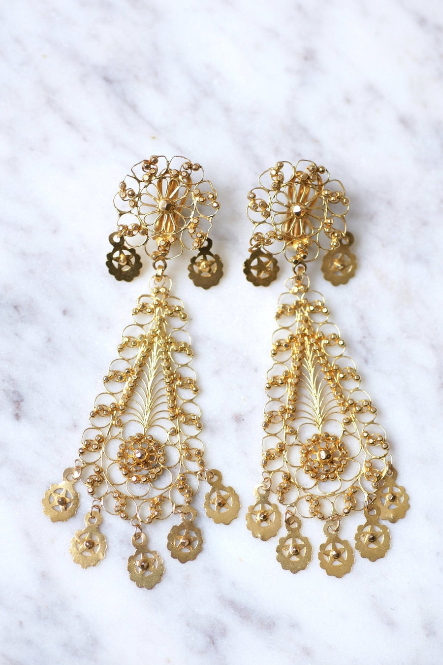 Filigree yellow gold drop earrings, vintage - Galerie Pénélope