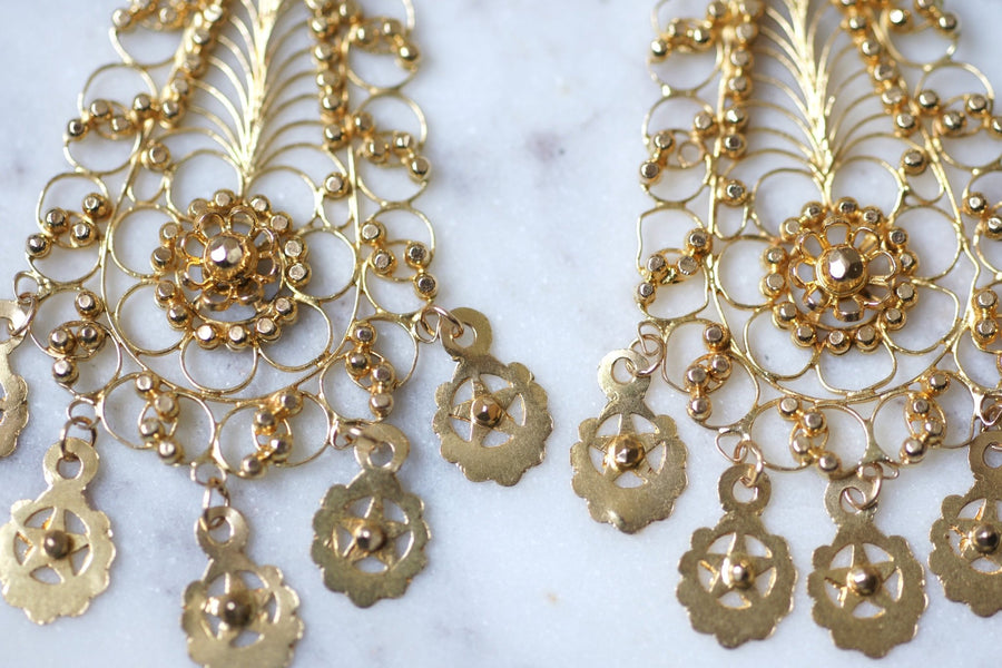 Filigree yellow gold drop earrings, vintage - Galerie Pénélope