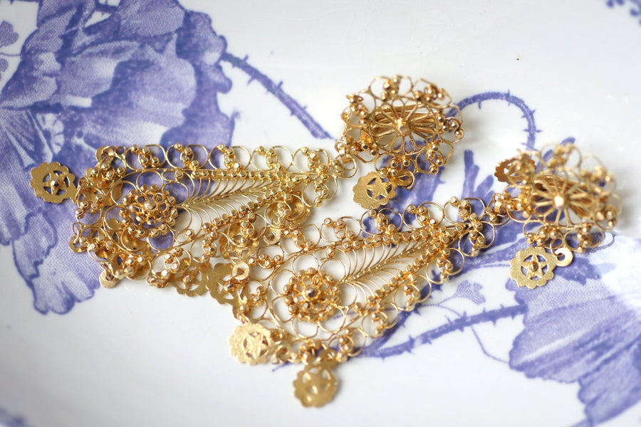 Filigree yellow gold drop earrings, vintage - Galerie Pénélope