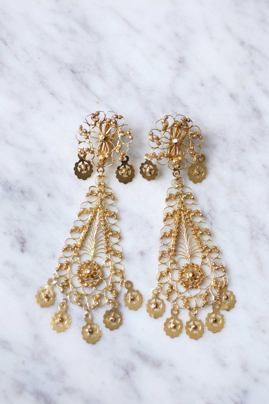Filigree yellow gold drop earrings, vintage - Galerie Pénélope