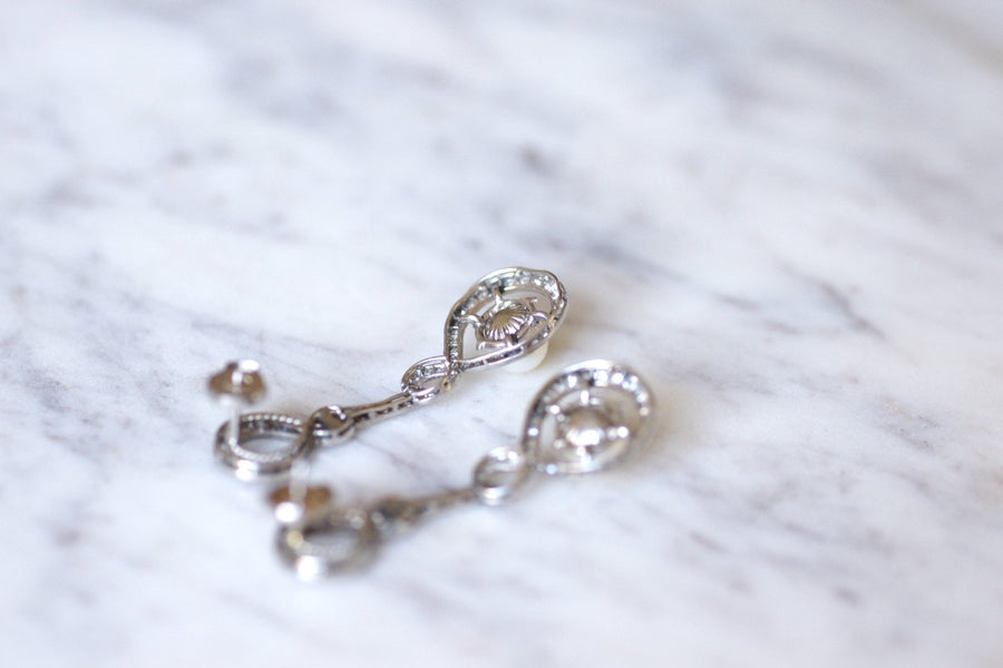 Art Deco style drop earrings, platinum, diamonds and pearls - Galerie Pénélope