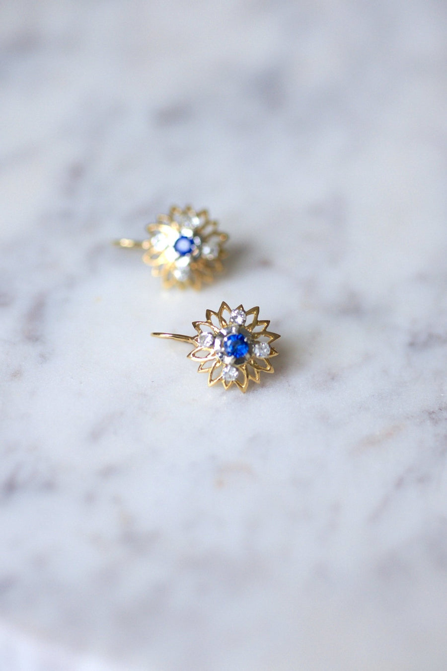 Vintage gold, sapphire and diamond daisy earrings - Penelope Gallery