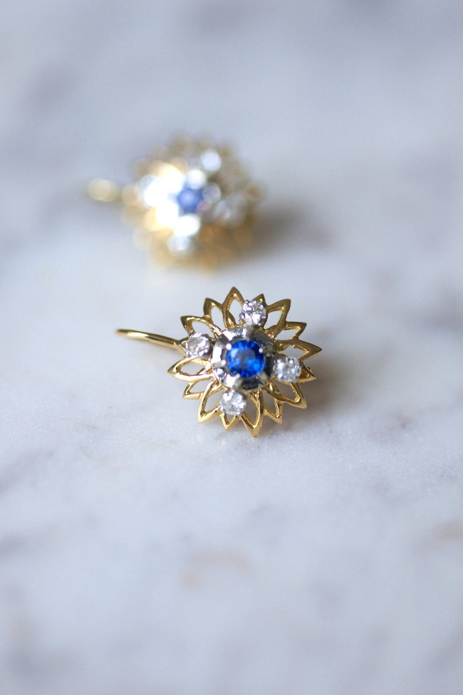 Vintage gold, sapphire and diamond daisy earrings - Penelope Gallery