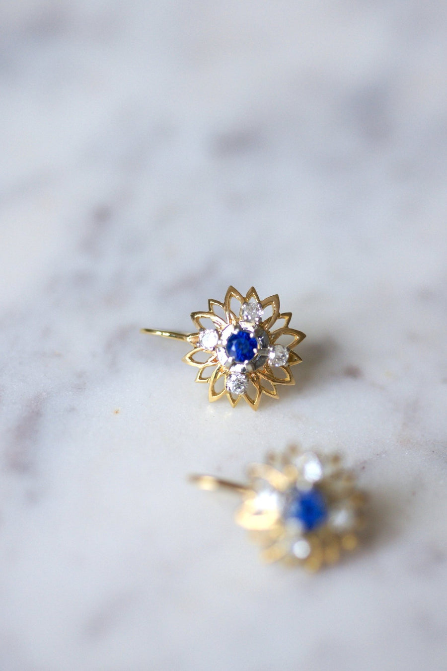 Vintage gold, sapphire and diamond daisy earrings - Penelope Gallery