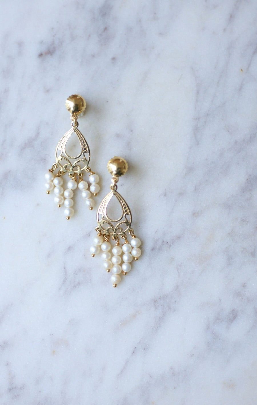 Yellow gold and pearl fringe earrings - Penelope Gallery