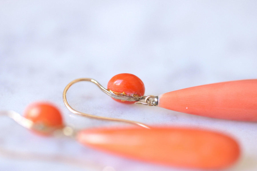 Antique gold and coral drop dangling earrings - Galerie Pénélope