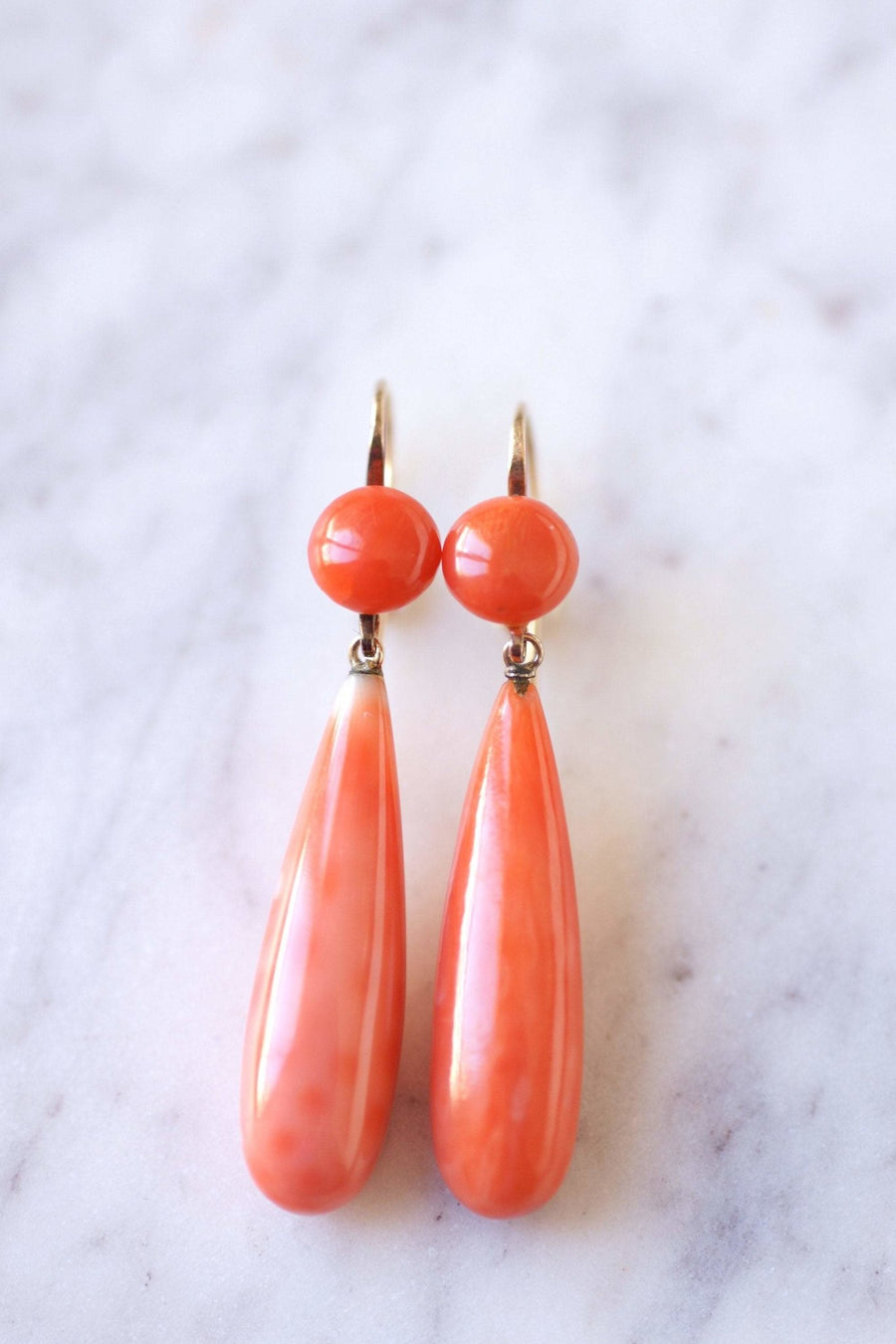 Antique gold and coral drop dangling earrings - Galerie Pénélope