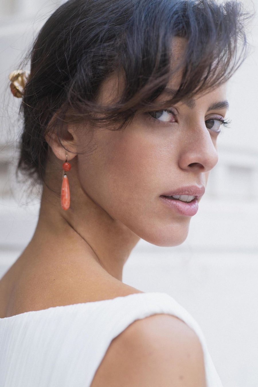 Antique gold and coral drop dangling earrings - Galerie Pénélope