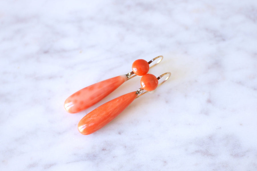 Antique gold and coral drop dangling earrings - Galerie Pénélope