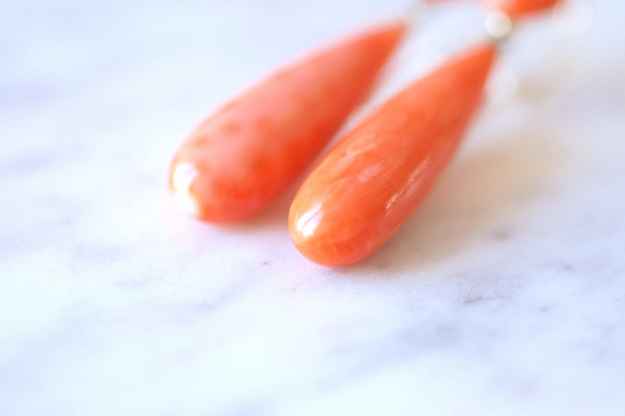 Antique gold and coral drop dangling earrings - Galerie Pénélope
