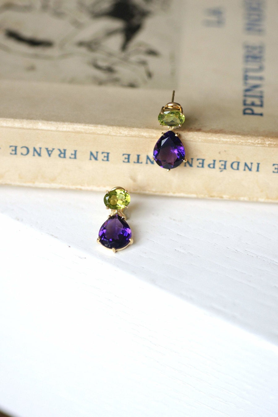 Vintage gold, amethyst and peridot drop earrings - Penelope Gallery