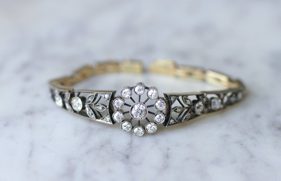 Antique daisy bracelet in pink gold, silver and diamonds - Penelope Gallery