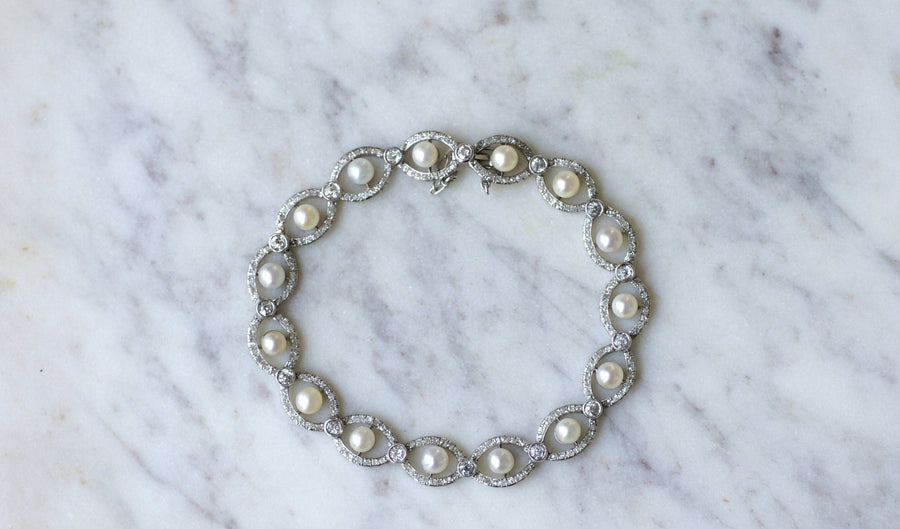 Art Deco platinum, diamonds, and pearls bracelet - Penelope Gallery