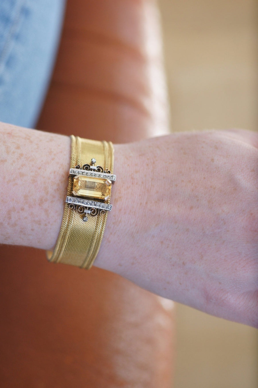 Milanese mesh cuff bracelet with diamonds and citrine - Penelope Gallery