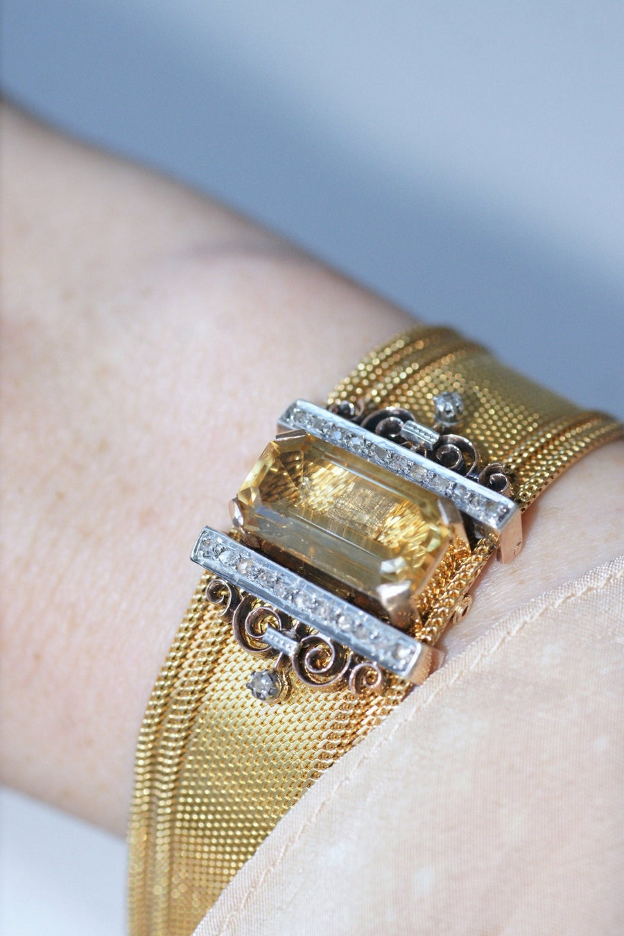 Milanese mesh cuff bracelet with diamonds and citrine - Penelope Gallery