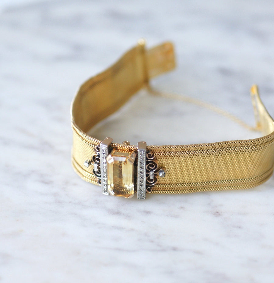 Milanese mesh cuff bracelet with diamonds and citrine - Penelope Gallery