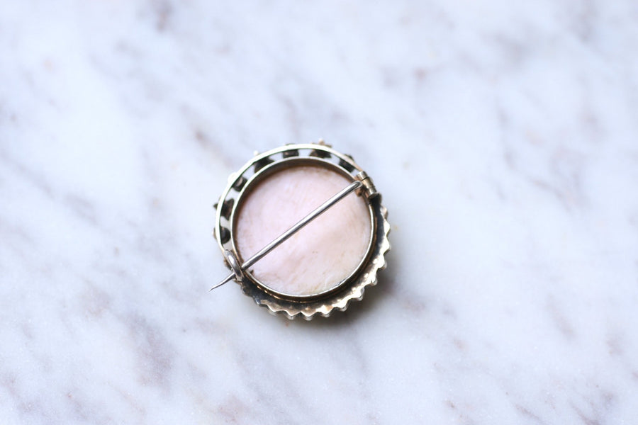 Antique austrian brooch pink shell, turquoise and pearl cameo on silver - Galerie Pénélope