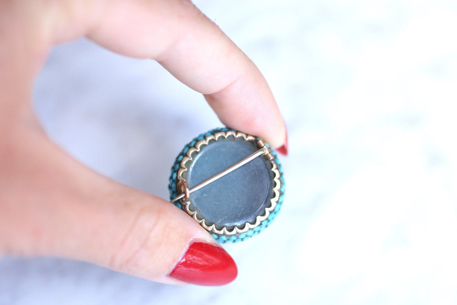 Antique gold and silver ball brooch with turquoise pavé - Galerie Pénélope