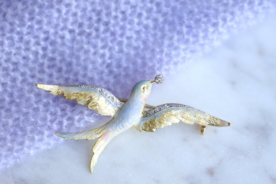 Swallow brooch in antique yellow gold, diamonds and enamel - Galerie Pénélope