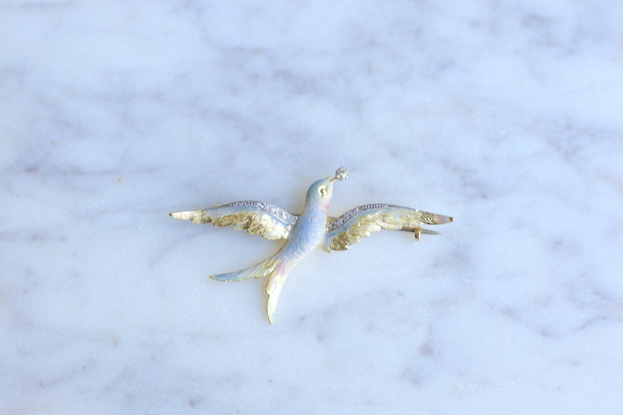 Swallow brooch in antique yellow gold, diamonds and enamel - Galerie Pénélope