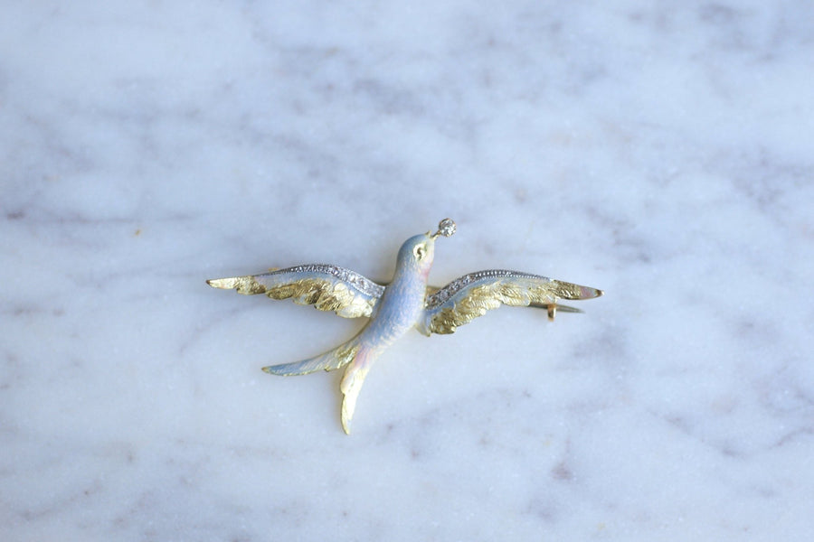 Swallow brooch in antique yellow gold, diamonds and enamel - Galerie Pénélope