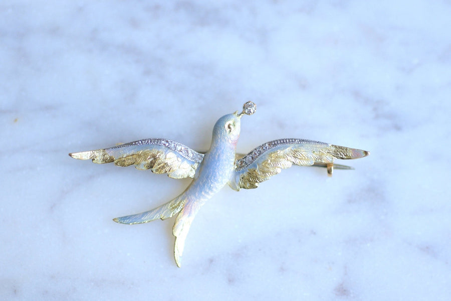 Swallow brooch in antique yellow gold, diamonds and enamel - Galerie Pénélope