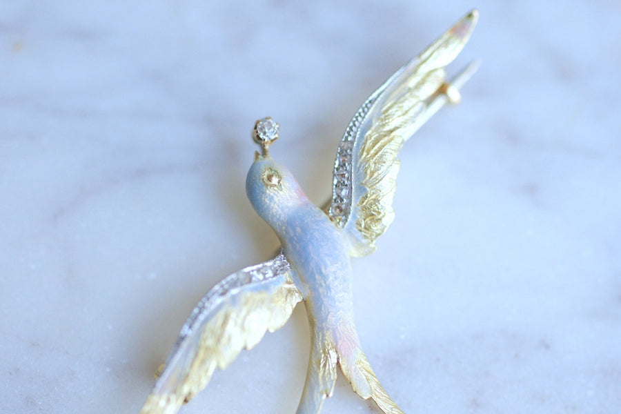 Swallow brooch in antique yellow gold, diamonds and enamel - Galerie Pénélope