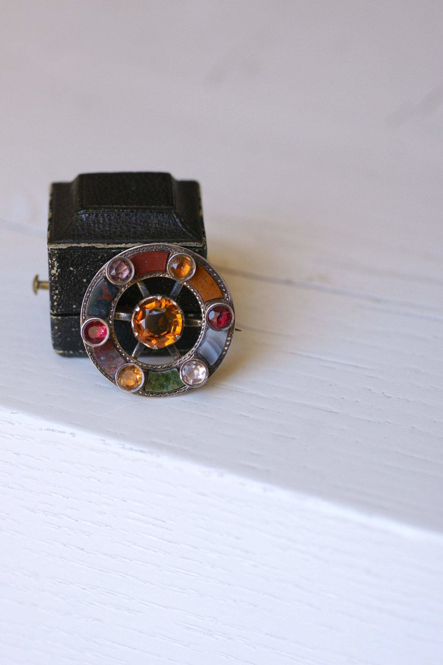 Round Scottish antique citrine, jasper and agate brooch - Penelope Gallery