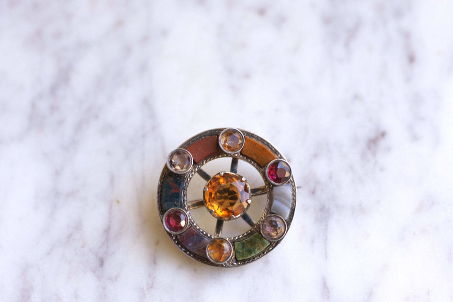 Round Scottish antique citrine, jasper and agate brooch - Penelope Gallery