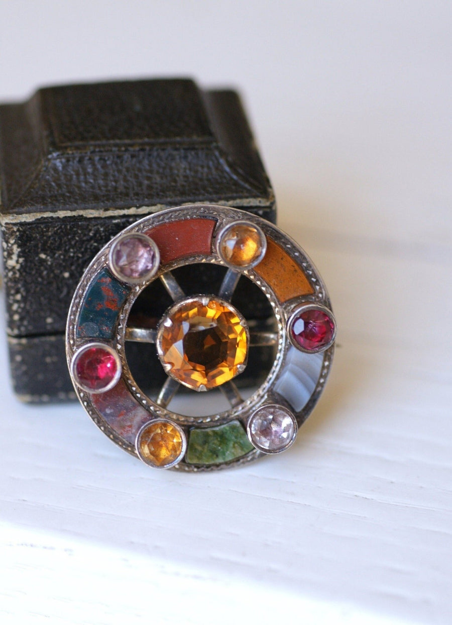 Round Scottish antique citrine, jasper and agate brooch - Penelope Gallery