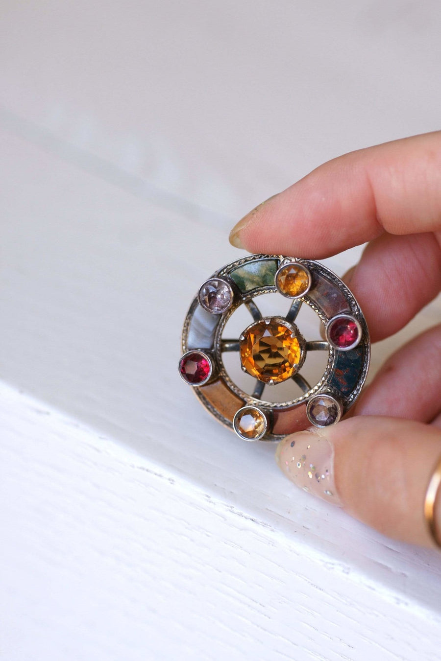 Round Scottish antique citrine, jasper and agate brooch - Penelope Gallery